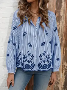 Fashion Striped Blouse with Floral Embroidery & Tie Neck, Shirts, Womenswear, Curve Plus Size Loose Casual Long-Sleeve Tops Y2K Clothes Street Style Daily Date Wear Trendy Vacation Outfits Cute Coffee Shop Wear