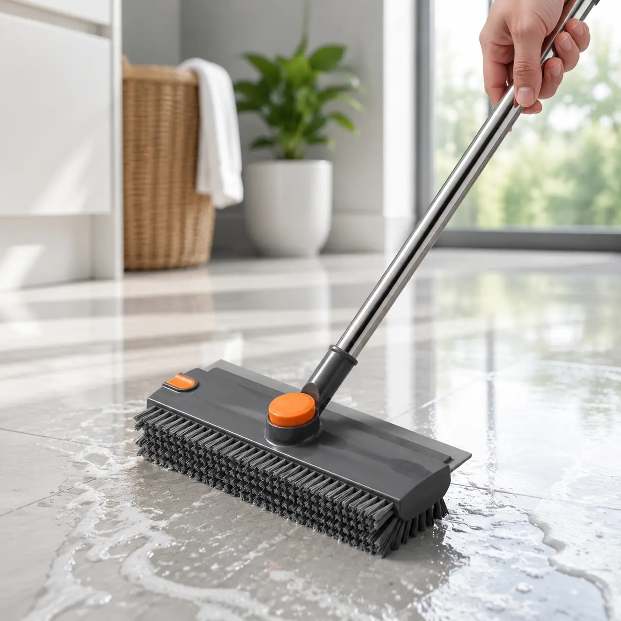 Long Handle Floor Cleaning Brush, 3-in-1 Heavy-Duty Floor Scrub Brush with Long Handle, Scrub Brush with Long Handle, Adjustable Long Pole Floor Scrubber Brush, Heavy Duty Push Broom with Squeegee for Wood Tile Concrete Surfaces