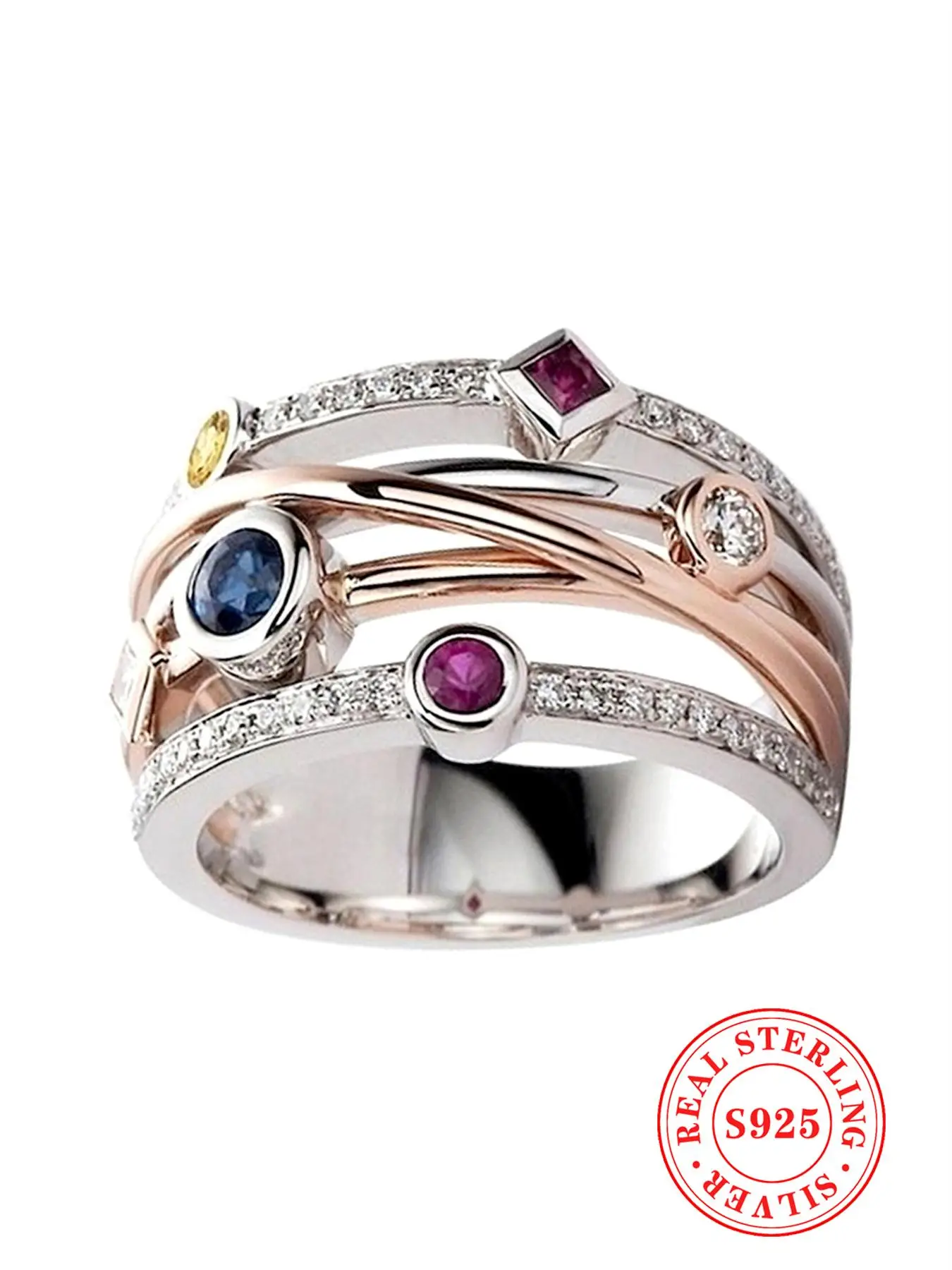 925 Sterling Silver Women's Elegant Layered Rhinestone Decorated Ring, Exquisite Trendy Ring, Fashionable Jewelry Accessories for Women As Gift