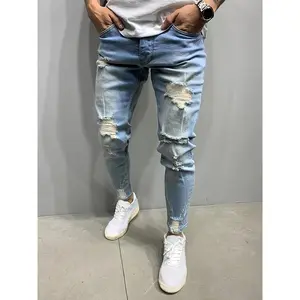 GGOR Men's Slim Fit Ripped Jeans, Casual Street Style with Medium Stretch Denim, Light Blue Distressed Design, Versatile for All Seasons, Seasonal Fashion |   Tight Jeans |   Rugged Texture