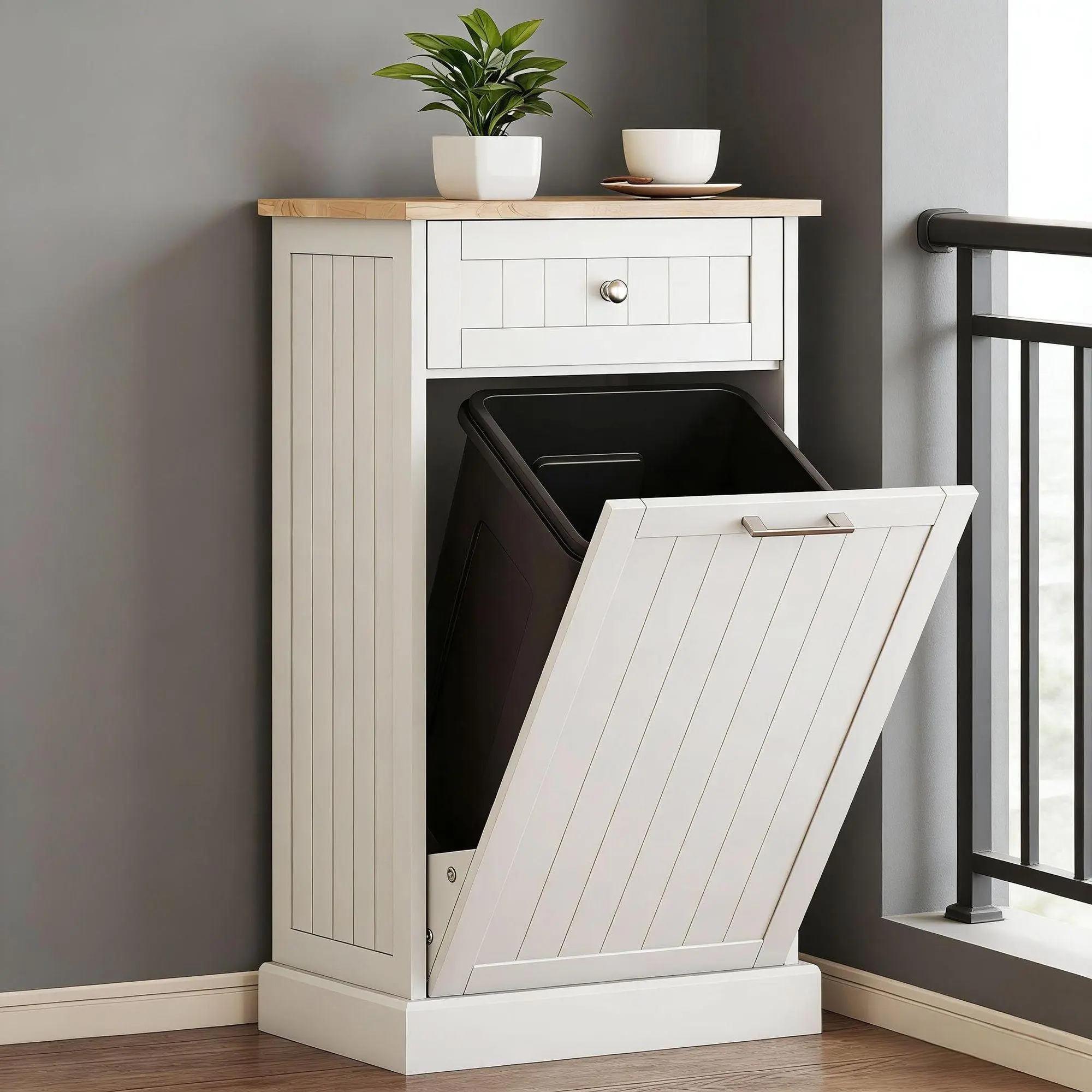 Wooden Hidden Trash Can with Storage Drawer for Kitchen