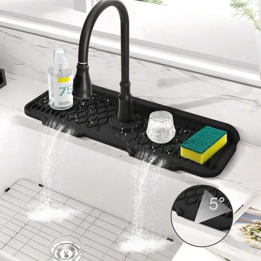 Silicone Faucet Splash Guard, Slope Design Splash Proof Mat with Sponge Holder, Water Splash Guard for Kitchen & Bathroom, Splash Pad
