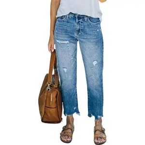 Flamingals Ripped Raw Hem Mid Rise Straight Leg Cropped Jeans Womenswear Stretchy 26.4" Inseam