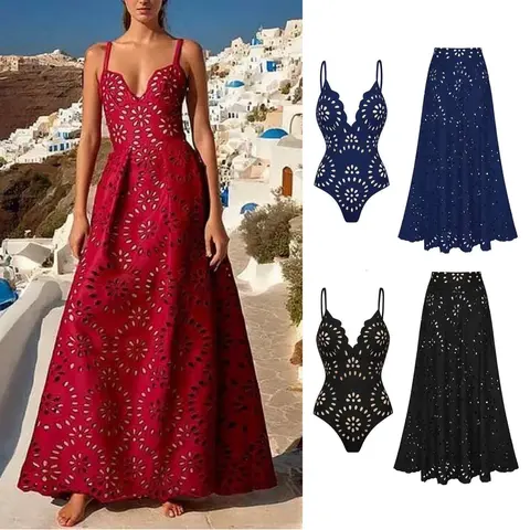 Jointlycreating Women's One Piece Swimsuit & Skirt Laser Cutting Flower Hollow Swimwear Summer Deep V Neck Bathing Suit in Red Navy Black