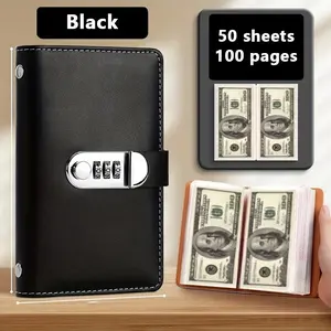 A6 Large Capacity Password Lock Savings Book Premium PU Leather Waterproof Cash Storage Album Hold 100 Bills for Banknote Stamp Card Collection Daily Storage Wallet