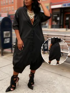 Women's Fashion Lapel Long Sleeve Loose Fit Wide Leg Pantsuit Jumpsuit, Comfortable Casual Wear for Spring & Fall, Perfect for Daily Gatherings