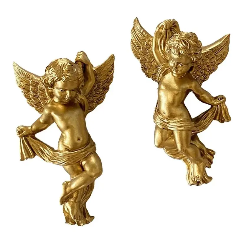 Vintage Golden Resin Wall Decor Sculptures - 2-Piece Western Figurine Statues with Back Hooks for Easy Installation, Collectible Room Decor for Living Room, Hallway