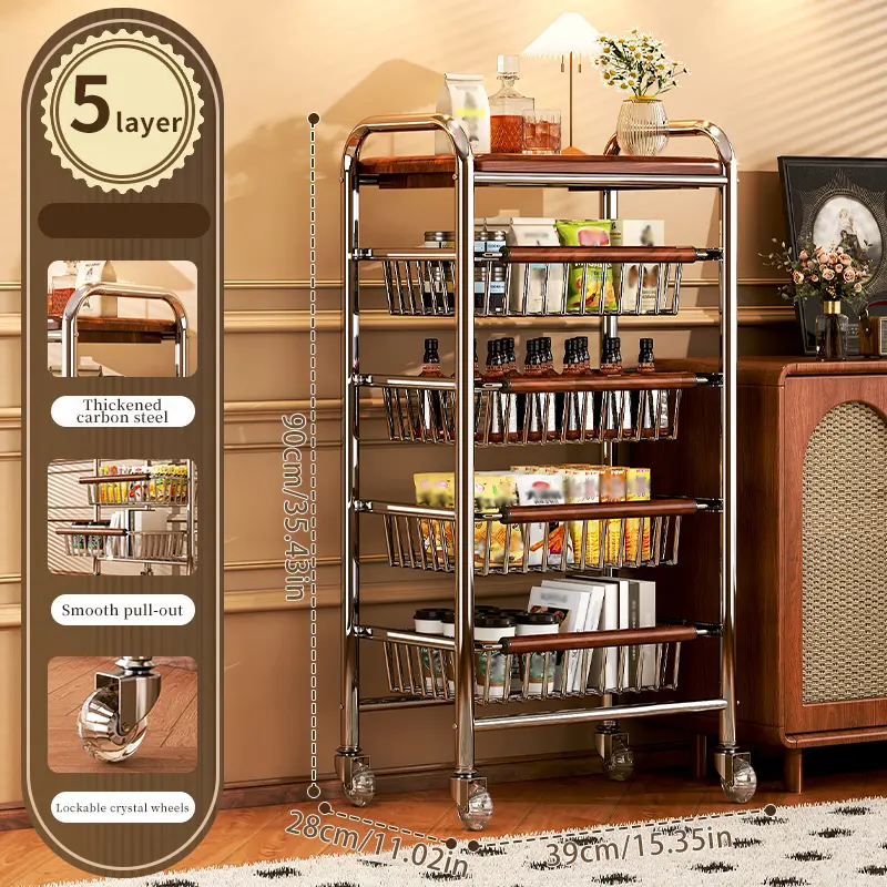 Antique small trolley in storage rack, movable in living room, with wheels, for snack storage, vintage multi-layer household storage rack