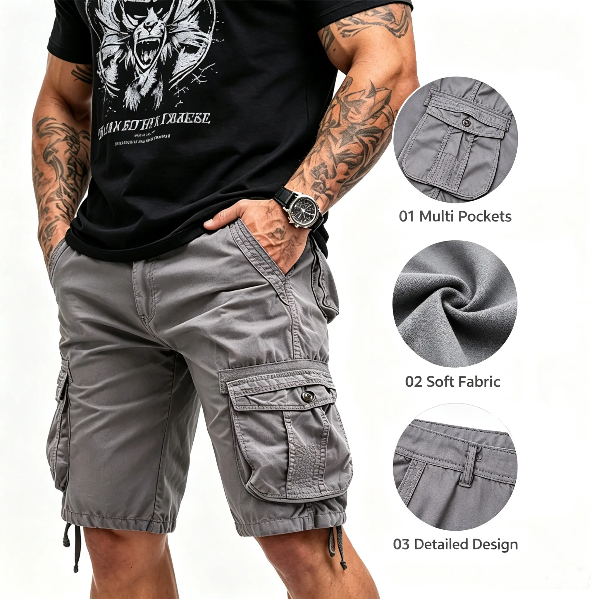 Men’s pure cotton cargo shorts, mid-thigh length, multiple pockets for large storage capacity, drawstring cuffs for adjustable fit, breathable and durable fabric suitable for everyday and outdoor wear.
