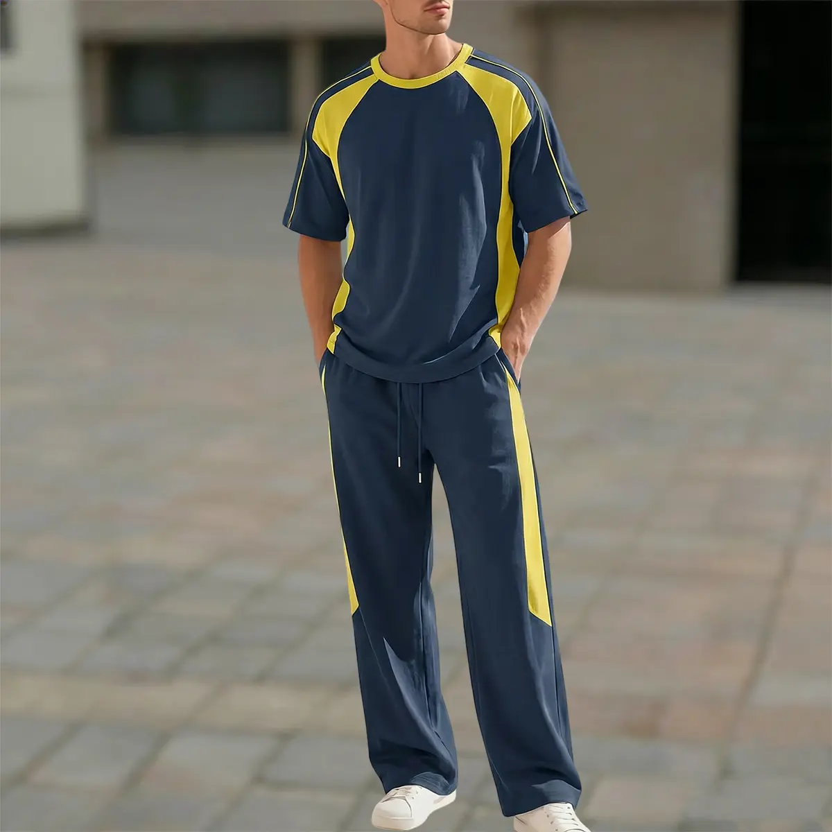 Y2K Aesthetic Men's 2 Piece Tracksuit Set, Oversized Color Block Raglan Sleeve T-Shirt + Wide Leg Baggy Sweatpants, Soft Breathable Casual Streetwear Outfit for Skateboarding, Daily Outfit, Gym, Lounge, Unisex Sizes M-XL