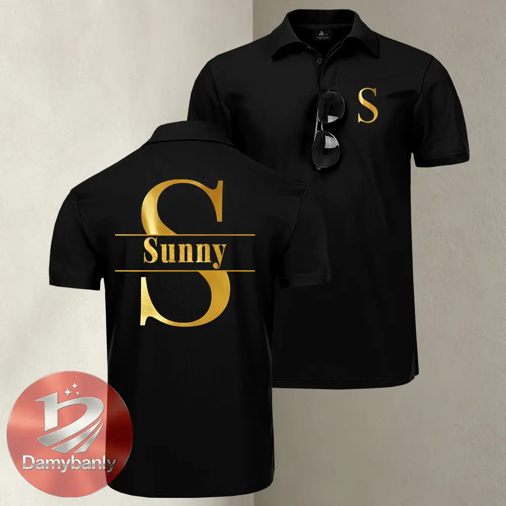 Custom Monogram Initial Name Polo Shirt, Personalized Gold Letter Print Short Sleeve Collared Polo Top, Customized Business Casual Polo T-Shirt, Custom Gift Polo for Men Family Team