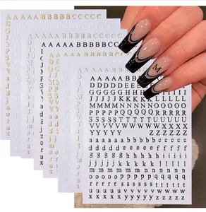 Letters Nail Art Stickers English Alphabet Nail Decals 3D Self-Adhesive Metallic Gold Silver Nail Sticker Black Alphabet Nail Art Supplies for Women Girls DIY Nail Decoration Manicure 8 Sheets
