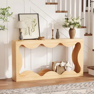 Fathersdaygift Summervibes Flash sale home items 63" Farmhouse Console Table with Scalloped Edge, Slim Sofa Table Behind Couch with 2-Tier Storage Shelf, Rustic Narrow Entryway Table for Hallway, Long Wood Accent Table for Living Room