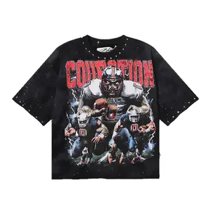 Extra Baggy Cropped Football Graphic Tee with Rhinestone Studs, Raw Hem & Retro Faded| 2000s Retro Edgy Grunge Urban Street Style| For Men & Women Edgy Top for Men Women Warm Weather Daily Outfit