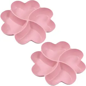 Divided Serving Tray, Appetizer Sectioned Platter, Dessert Serving Dish, Reusable Plastic Snack Plates, Round Relish Tray, 4 Compartment for Chips and Dip Veggies Candy Nut Fruit (Pink) Family Indoor