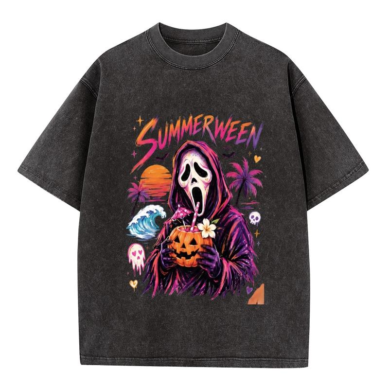 Women's Plus Size Acid-Wash Vintage T-Shirt - Combed Cotton, Relaxed Fit, Short Sleeve Crew Neck, Spooky Print (Ghost Pumpkin) Summerween Curvy Oversized Tee