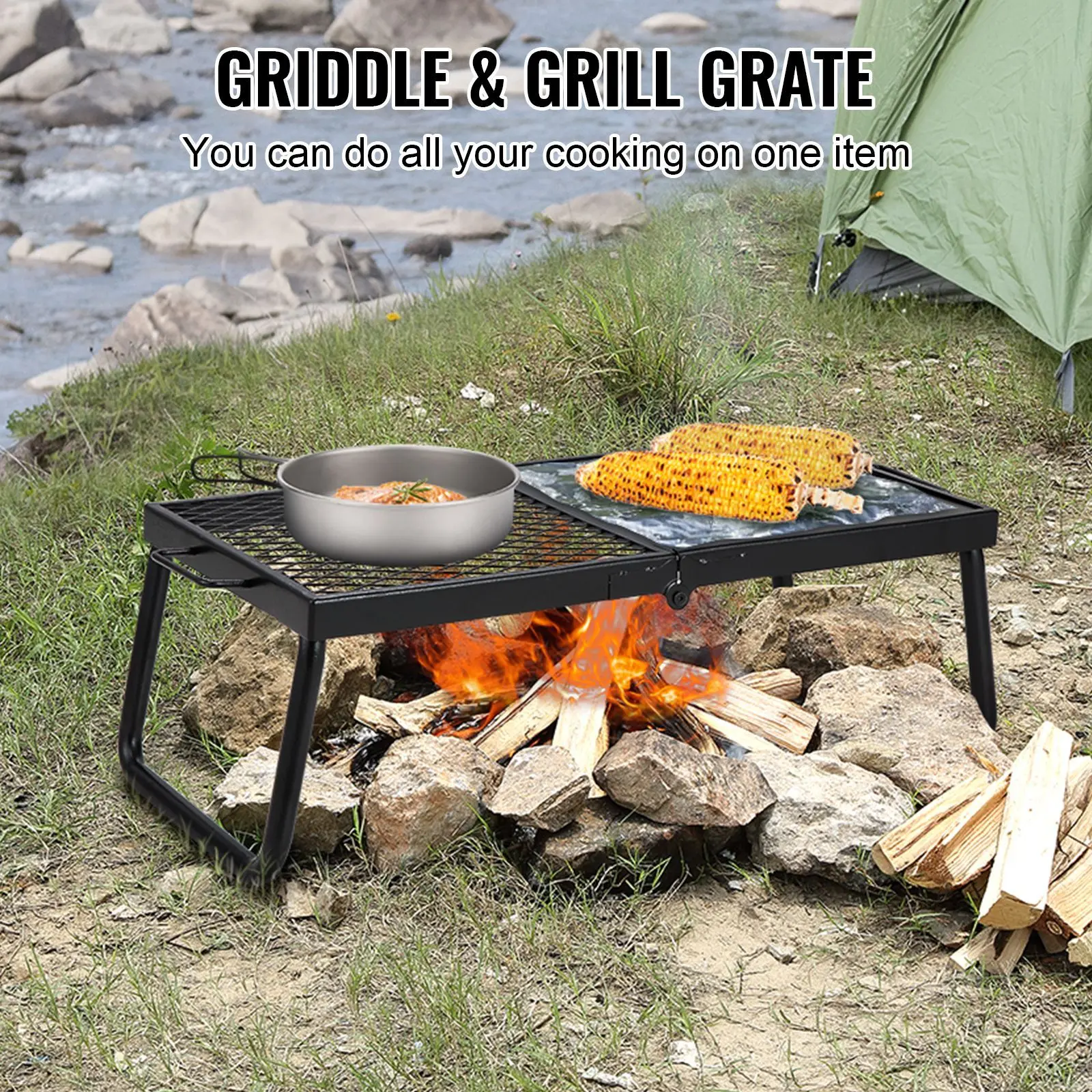 1 Pc Heavy-Duty Steel Mesh Folding Campfire Half Grill Half Plate, 22.4" Portable Outdoor Equipment with Heat Resistant Legs & Carrying Bag, Ideal for Campfire/BBQ Party, Hiking/Light Outdoor Camp Kitchen