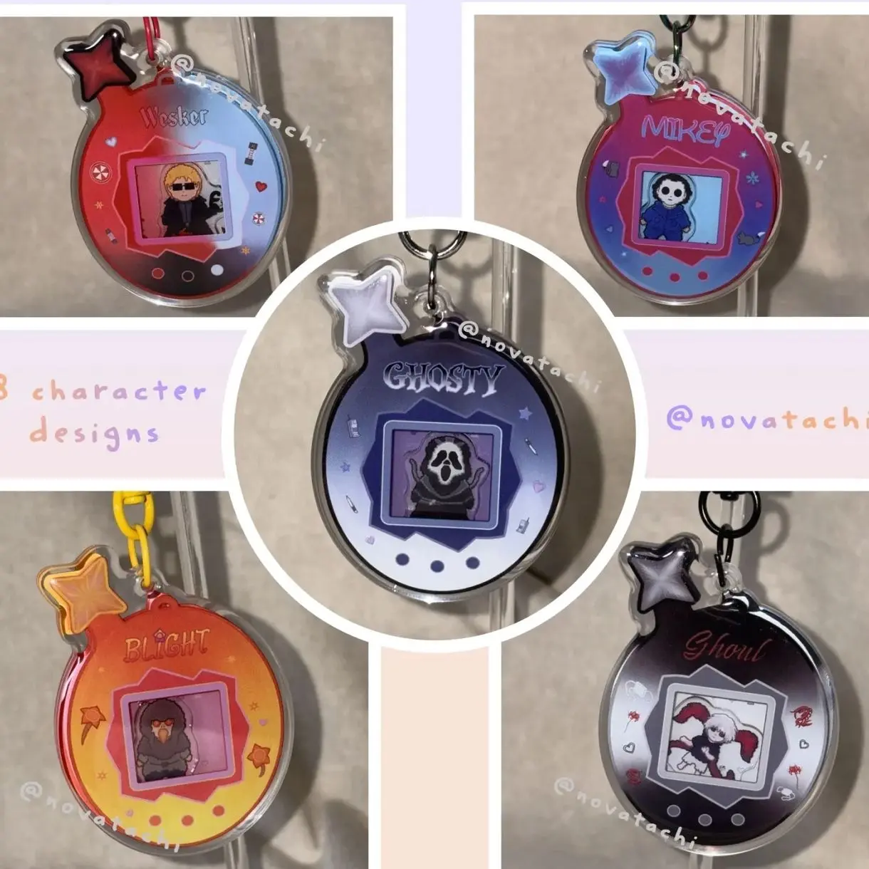 8 ops Tamagotchi Style Horror Shaker Acrylic Keychain – Ghostface, Michael Myers, Ghoul, Spirit, Trickster, Blight
