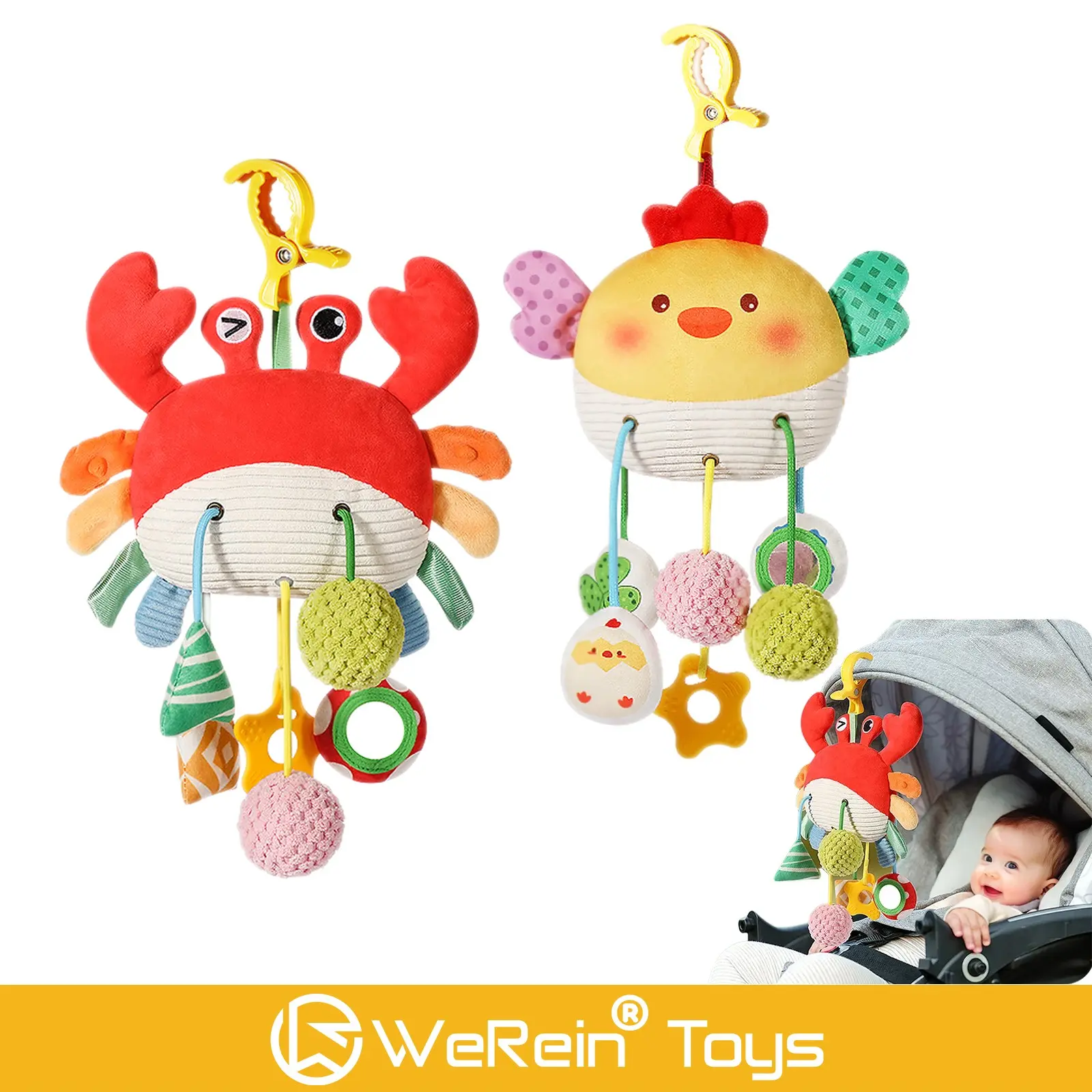 Cute Animal Stroller Hanging Toy, Soft Plush Baby Car Seat Crib Mobile Toy, Sensory Teething Rattle Toy, Montessori Early Developmental Toy for Newborn Infants