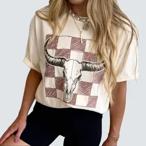 Retro Checkered Longhorn Bull Skull Tee, Country Western Style Clothing For Womens, Urban Fashion Gift For Her Top Clothing
