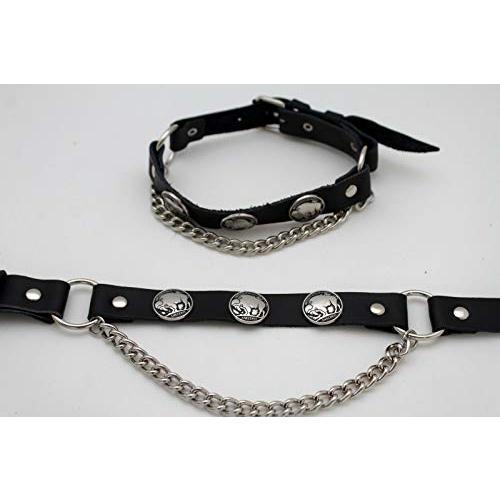 Men Biker Fashion Jewelry Boot Bracelets Black Faux Leather Straps Silver Chains Buffalo Pair