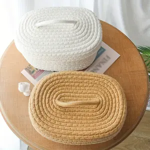 Small Woven Storage Box, Dustproof Desktop Organizer Basket, Oval Covered Container, Office & Home Use, Gift Basket, Shelf Bin, Room Organizer