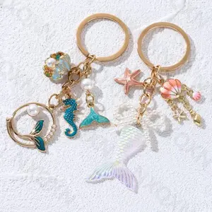 Ocean Pretty Fish Tail Starfish Shell Preal Enamel Keychain Sea Life Animal Key Ring For Women Girl Handmade Friend Gift Jewelry