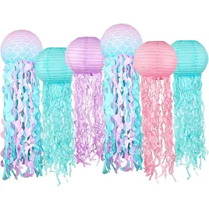 Blue    Jelly Fish Paper Lanterns, Gradient Colorful Paper Lanterns for  Theme Party, Under The Sea Birthday  Theme  Shower Decoration Jellyfish Rome Decor, 6 count