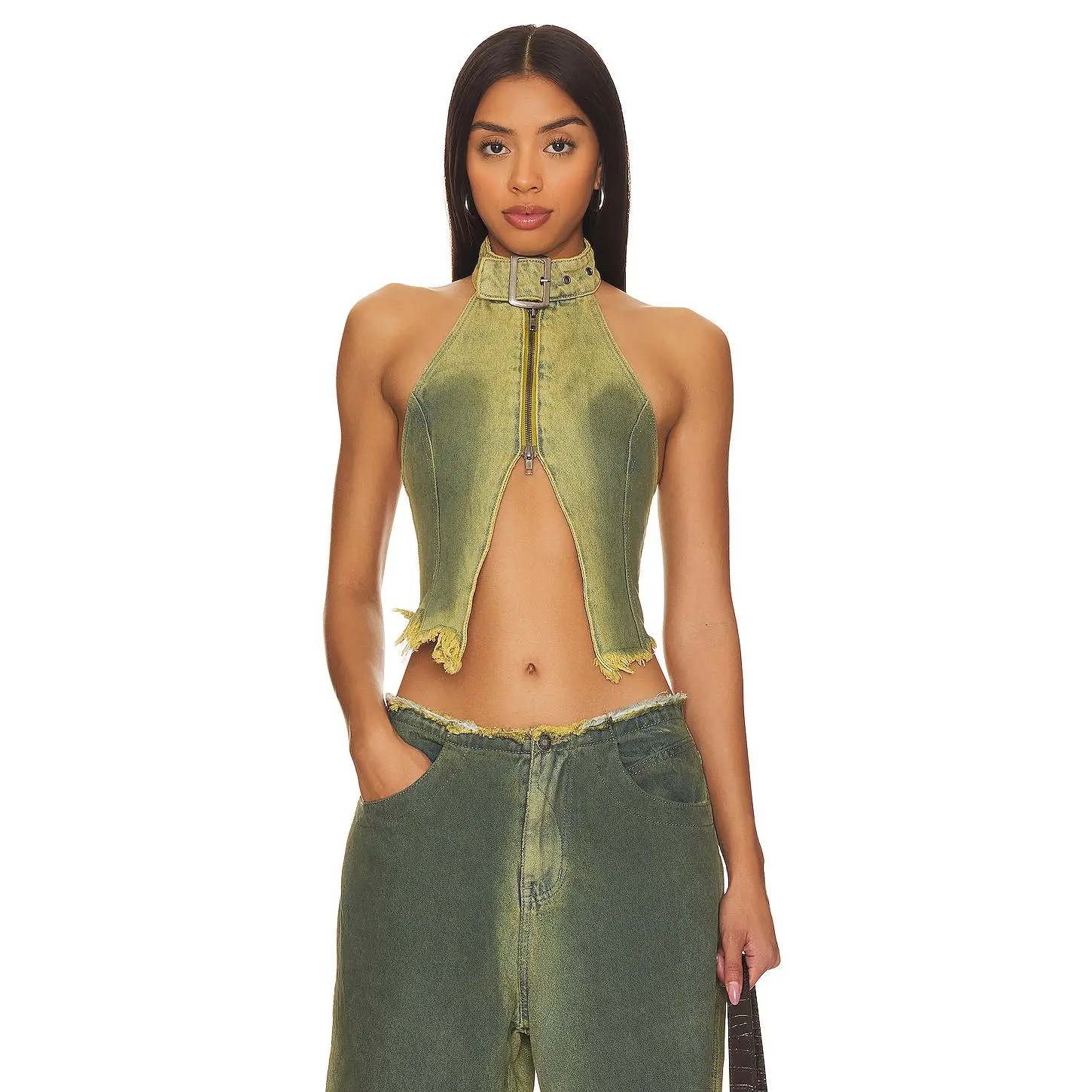 Jaded London Green Denim Buckle Neck Top in Green Wash Jaded London Green Denim Buckle Neck Top in Green Wash