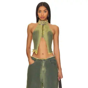 Jaded London Green Denim Buckle Neck Top in Green Wash Jaded London Green Denim Buckle Neck Top in Green Wash