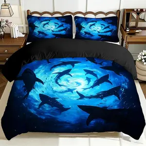 2/3 Pcs Comfortable Deep-Sea Shark Group Quilt Cover Set, Soft And Breathable, 100% Polyester Fiber High-Definition Digital Printing Design, All-Season Home Gift, Machine Washable (1 Quilt Cover +1/2 Pillowcase, No Filling)