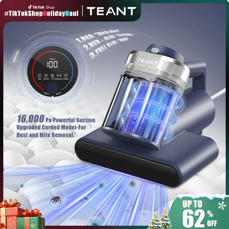 Teant Mattress Vacuum Cleaner for Dust Mites Removal, Bed Vacuum with UV-C Light & 149℉ Hot Air & Aroma Tablet & LED Display, Hyper Helix Motor&16Kpa Powerful Suction Double-Cup Handheld Vacuum Cleaner With HEPA Filter for Bed Couch Sofa
