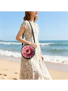1pc Blue & Pink Mini Round Bag with Donut Art Graffiti | Adjustable Shoulder Strap & Zipper Closure, Durable Lining, Casual Fashion Daily Bag