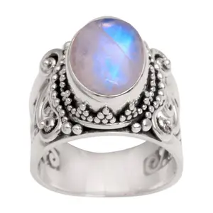 NOVICA Artisan Handmade Rainbow Moonstone Cocktail Ring .925 Sterling Silver Single Clear Indonesia Gemstone 'Glorious Vines'
