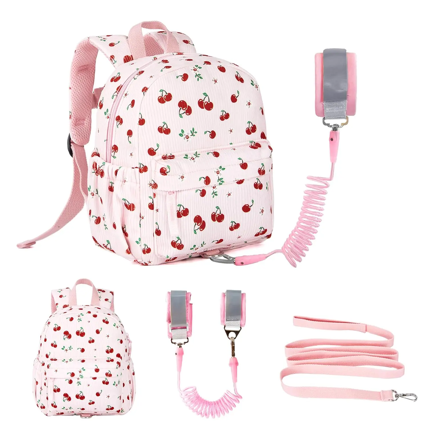 ST-19 Corduroy Toddler Backpack with Detachable Leash and Anti-Lost Wrist Link, Safety Harness Walking Backpack for Toddler Boys Girls 1-3, Cute Cherry Travel Backpack with Leash for Kids