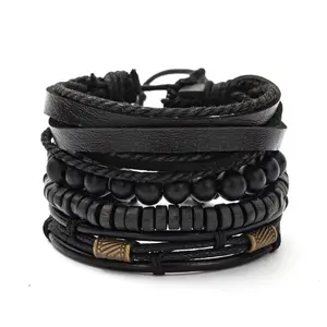 4pcs Men's Hand-woven Multi-layer PU Leather Set Bracelet, New Sale Adjustable Bracelet Jewelry Set Gift
