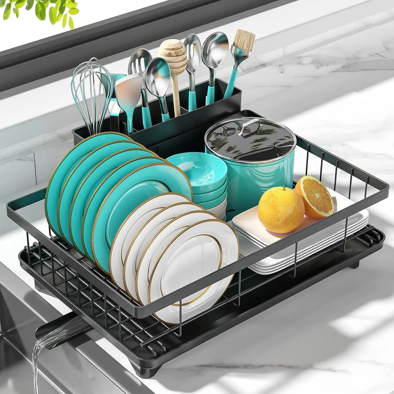 Rustproof Carbon Steel Rectangular Dish Drying Rack with Drainboard, 16x11.5 in Leak-Proof Spout, Utensil Holder, Counter Organizer for Small Kitchens, Black
