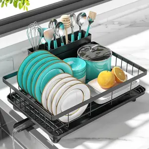 Dish Drying Rack with Drainboard – Rustproof Kitchen Sink Dish Drainer, Leak-Proof Spout, Black, Counter Organizer Multicolor Utensil