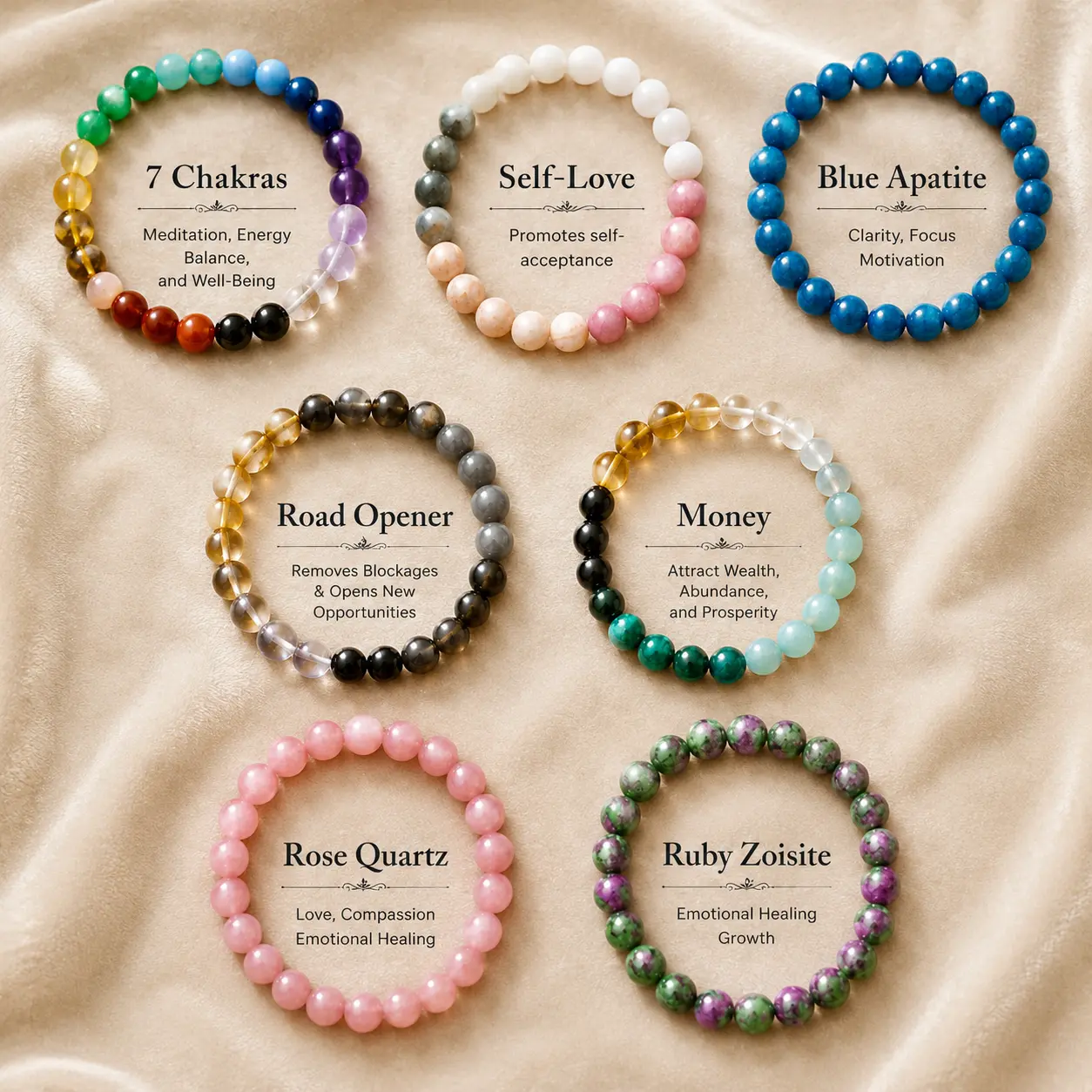 7Pcs Unisex Natural Stone Beaded Bracelets Set Handcrafted Elastic Wristband - Strawberry Quartz Stone, Malachite, Rose Quartz, Moonstone, Tiger Eye, Vermillion Stones - Wealth, Abundance, Prosperity Energy Stone Bracelet Lucky Gift