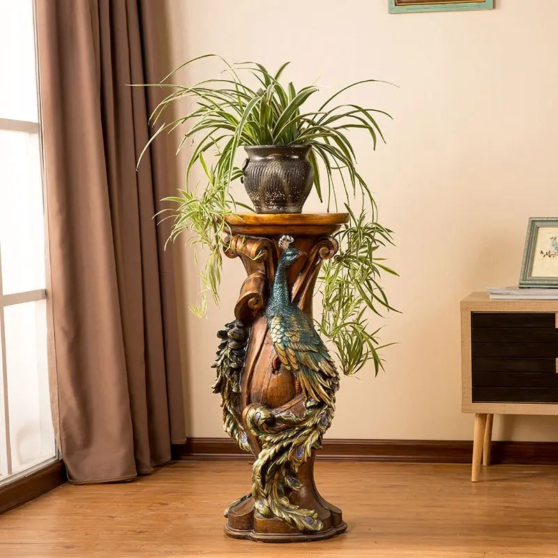 Decorative Pedestal Stand with Peacock Carving, 32.7" Tall, Resin Faux Wood Finish, Vintage Accent Table for Plants, Vases, and Figurines in Living Room, Entryway, or Bedroom
