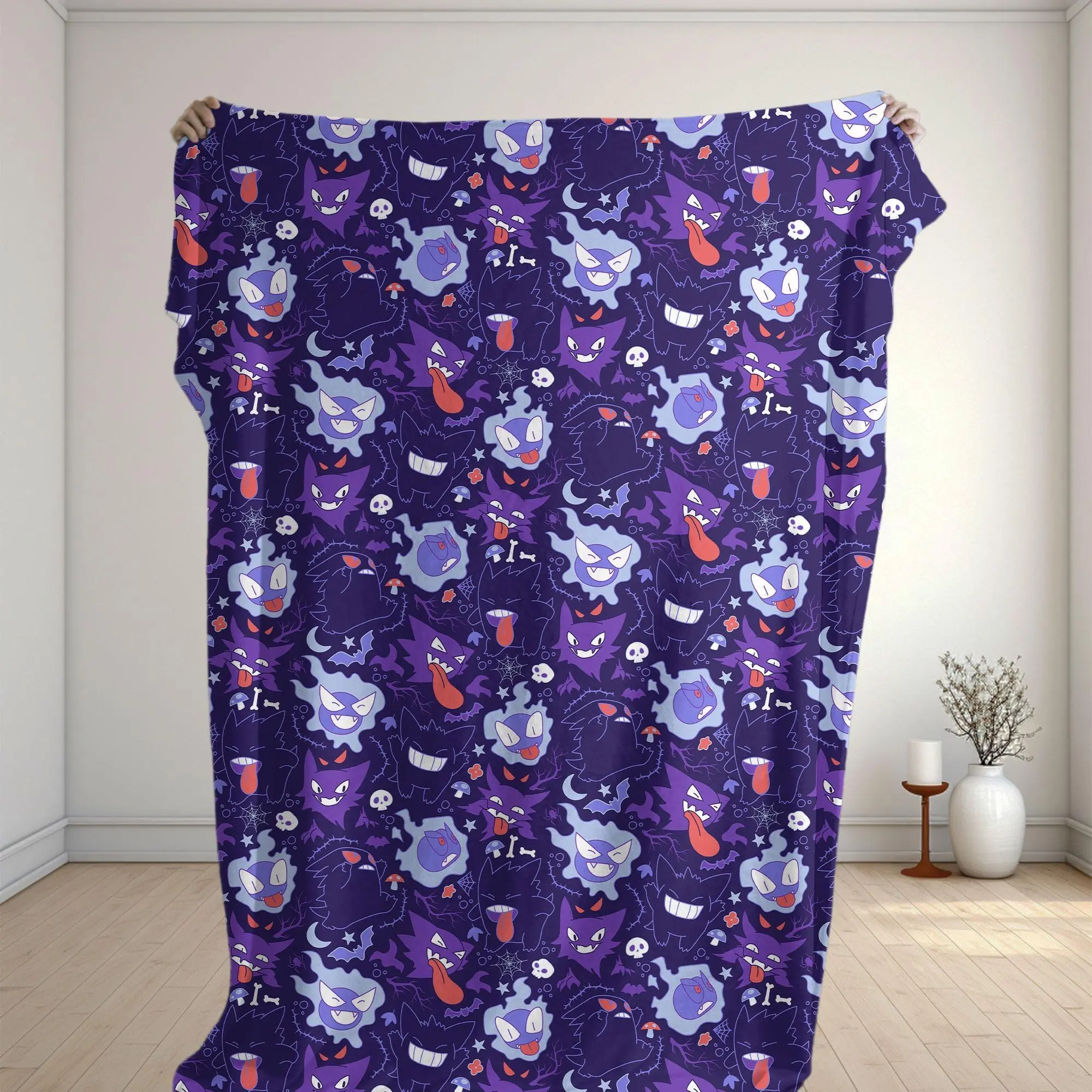 Gengar Fleece Blanket Cute Ghost Pattern Cozy Throw Blanket Funny Family Baby Blanket Halloween Christmas Home Decor Gengar Blanket Gifts