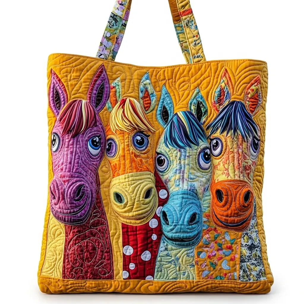 Quilted Polyester Shoulder Bag, Whimsical Folk Art Colorful Horse Patchwork Print, Retro Bohemian Art Style, For Women Ladies Shopping Travel Work Daily Outing, Large Capacity 1PC, Soft Lightweight Spacious Handbag Unique Farm Animal Pattern Gift Bag