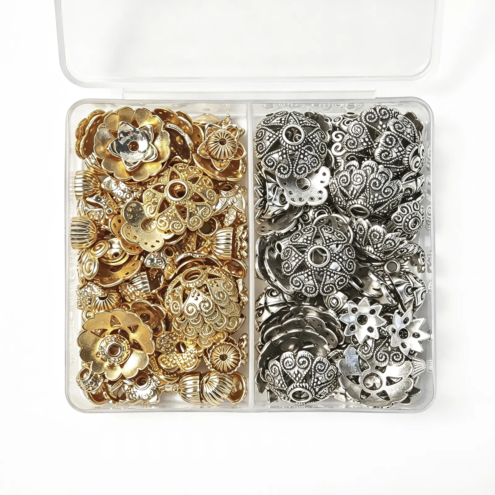 80-Piece Vintage 2-Tone Floral Bead Caps & Multi-Size Openwork Petal Spacers Box - Softly Antiqued Assorted Floral Handcrafted Jewellery-Making Accessories for Festive Occasions, DIY Jewelry Making, Assorted Bead Jewellery-Making Accessories, Floral Jewel