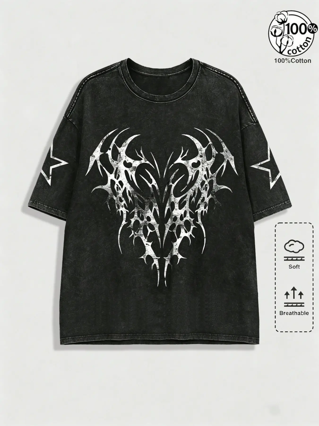 Unisex 100% Cotton Washed Vintage Tribal Thorns Heart Star Print Oversized Round Neck Casual Fit Streetwear T-Shirt Bold Graphic Tee | Y2K Gothic Dark Aesthetic High Street American Retro Streetwear Top