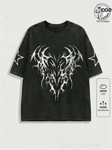 Unisex 100% Cotton Washed Vintage Tribal Thorns Heart Star Print Oversized Round Neck Casual T-Shirt | Y2K Gothic Dark Aesthetic High Street American Retro Streetwear Top