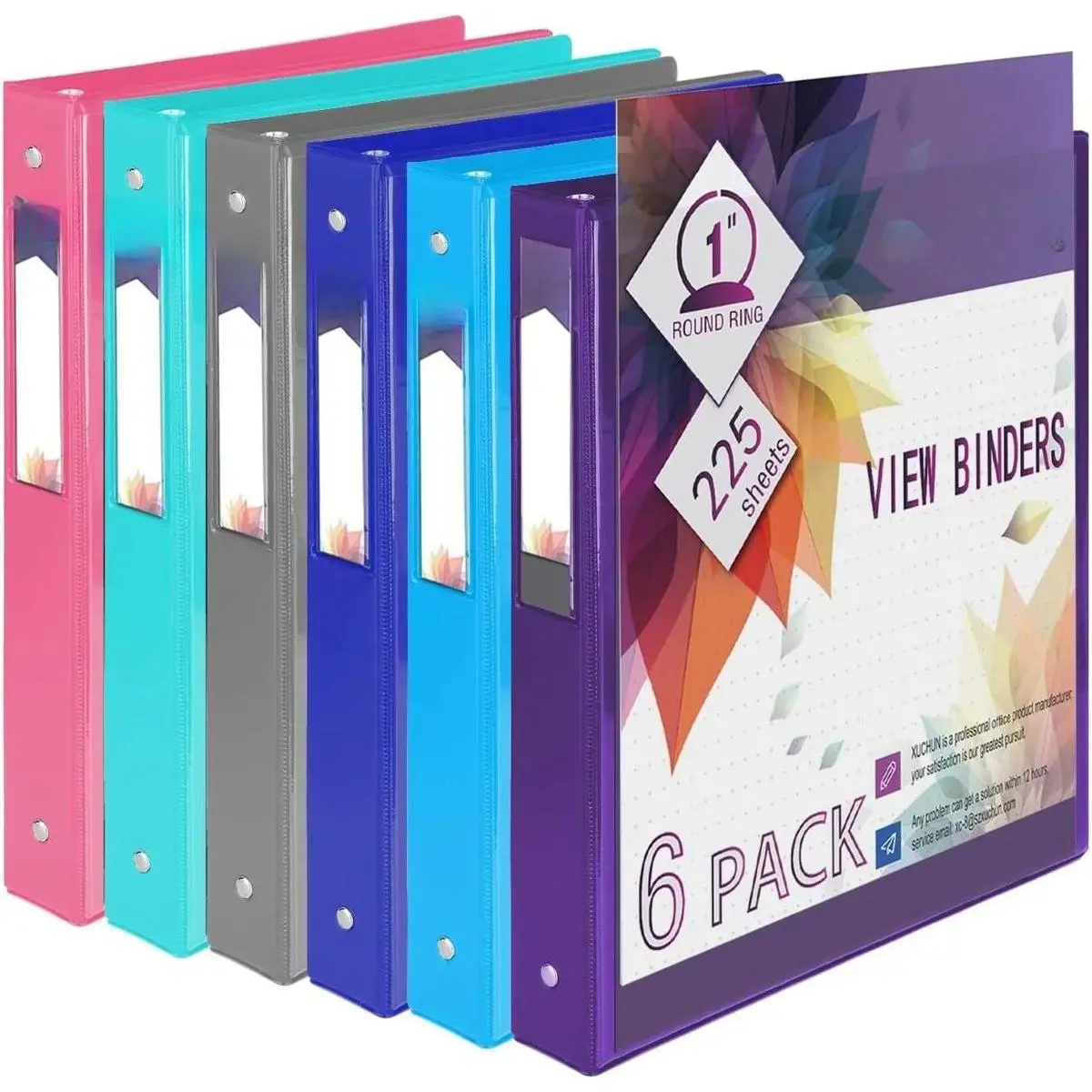 6Pack 1”Inch Round 3 Ring Binder View Binders with 2 Pockets,Holds 225 Sheets Assorted Colors for Office,Home,School (Multicolor)