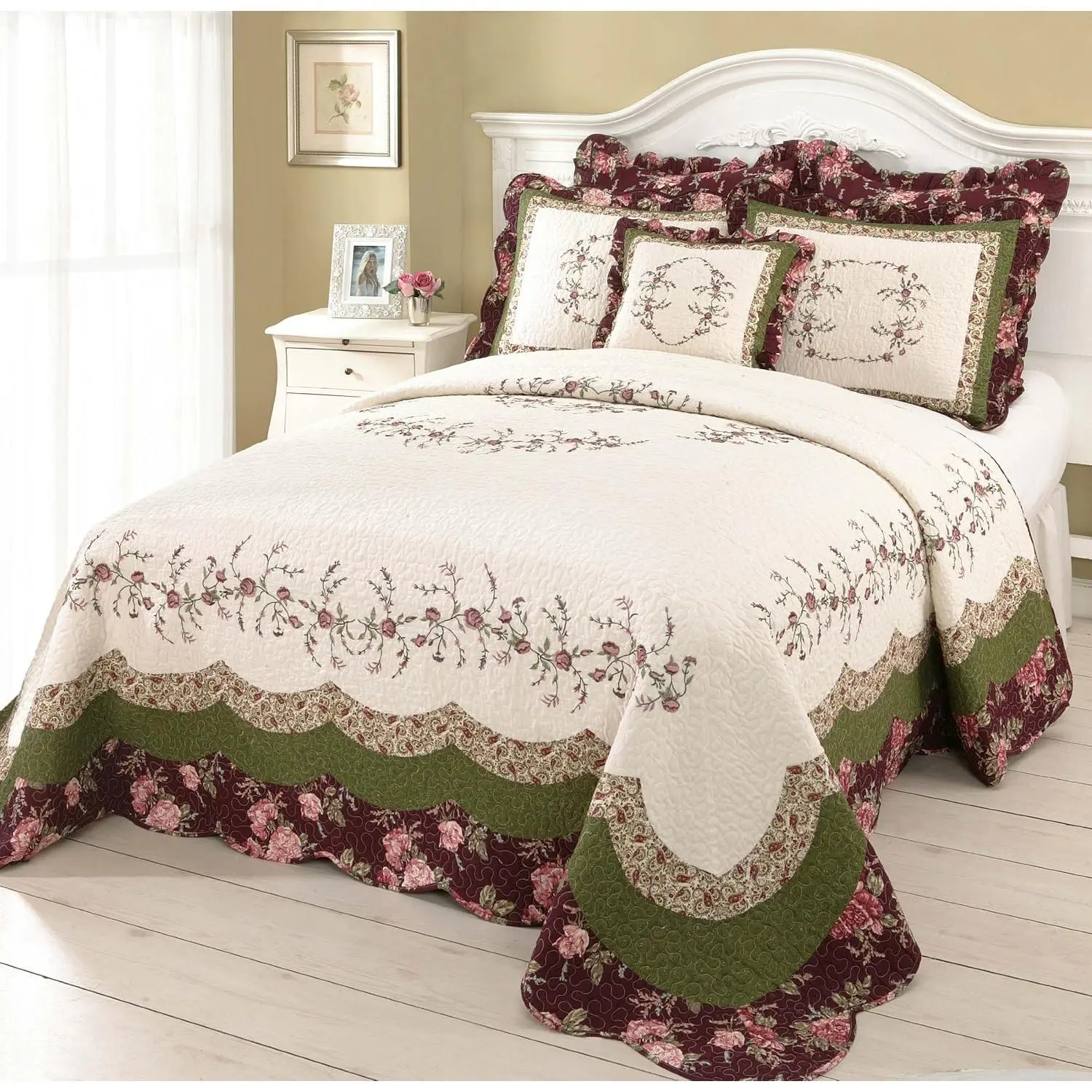Brooke Embroidered Floral Quilted Bedspread, Lightweight Breathable All Seasons Bedding, Queen Size, Cream/Burgundy/Green