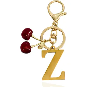 Cute Cherry Gold Initial Letter Keychain Bag Charms for Car Keys Backpack Red Personalized Gift Aesthetic Aessory