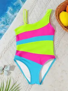 Girls' Summer European Style Fashion Swimsuit, Colorblock Asymmetric Shoulder Straps One-Piece Swimwear, Perfect for Beach Vacation