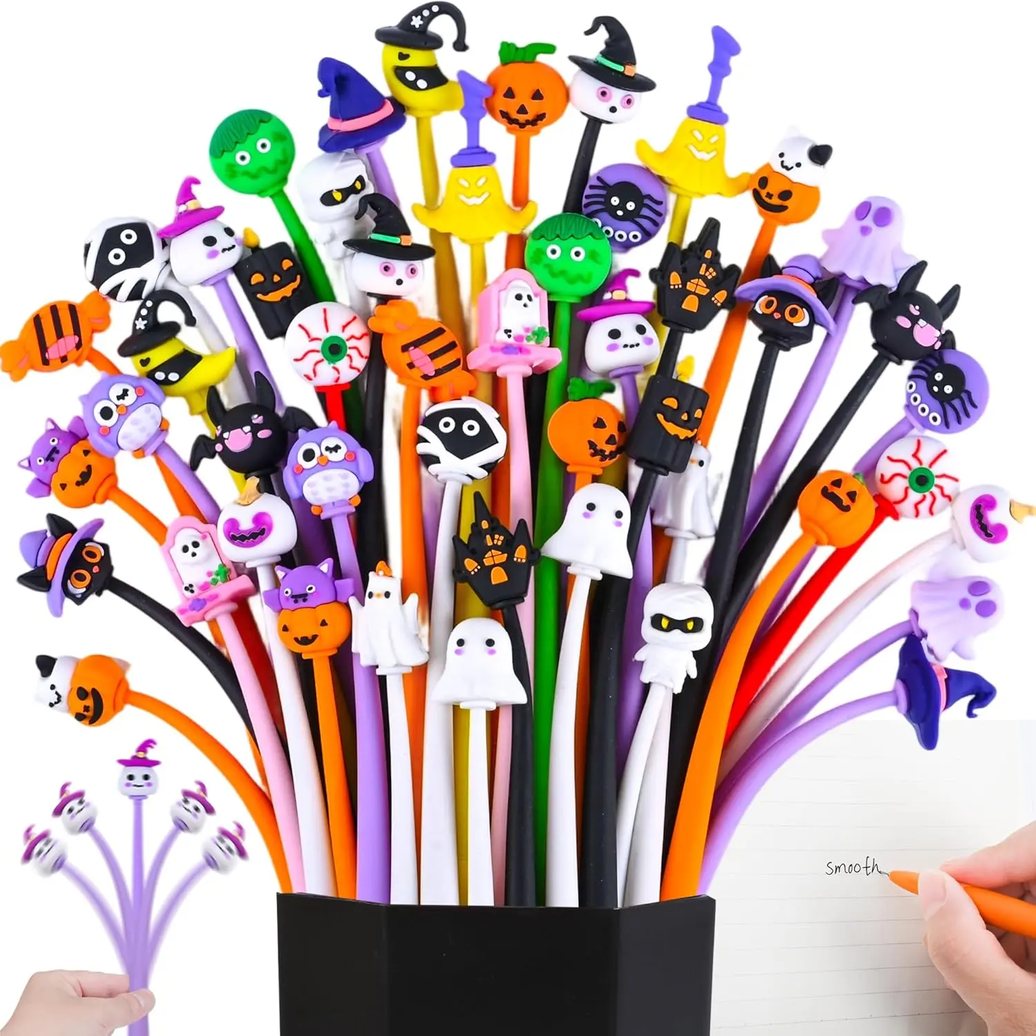 Halloween Stress Relief Bobblehead Pens Pumpkin Skull Heads Ghost Bat Shape Pens Fun Cute Pen for kids Kawaii Fidget Pen for Classroom Prizes, School, Office Supplies Halloween Cartoon Gel Pens ball pens